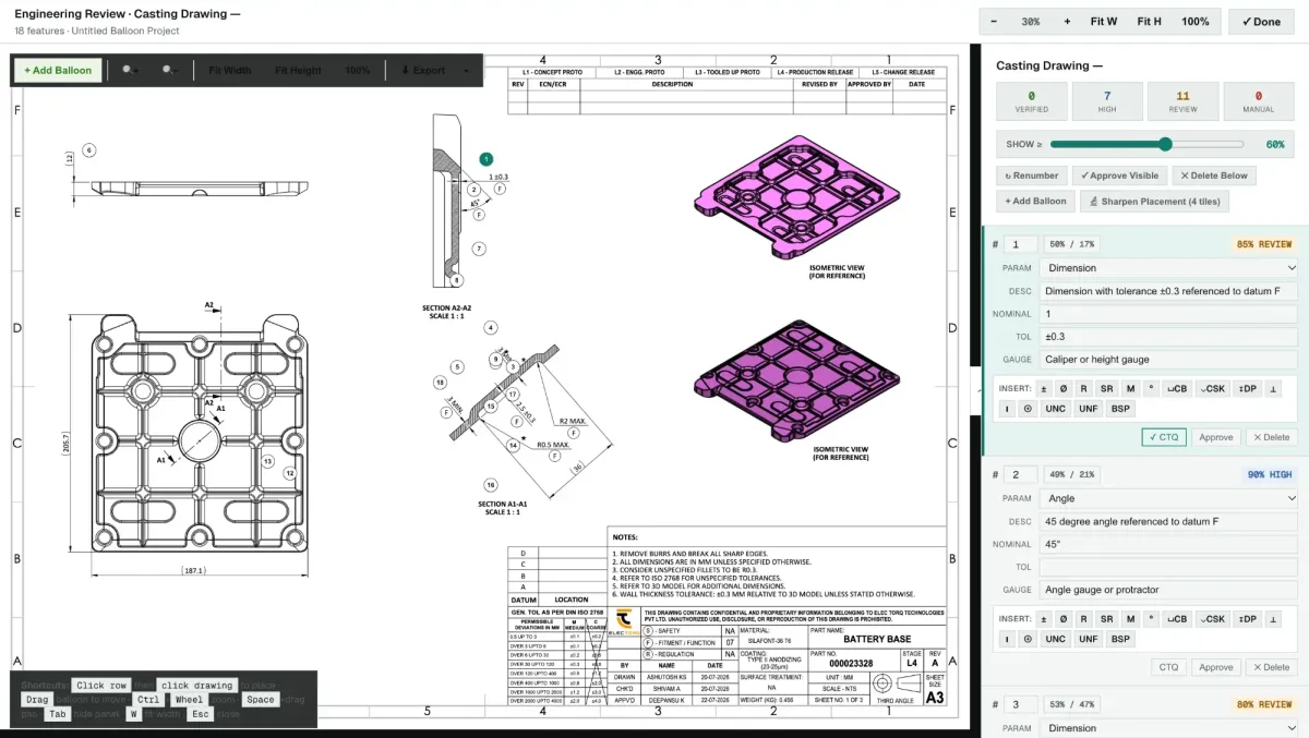 InFaktory engineering review workspace, with AI-ballooned GD&T characteristics and confidence scoring