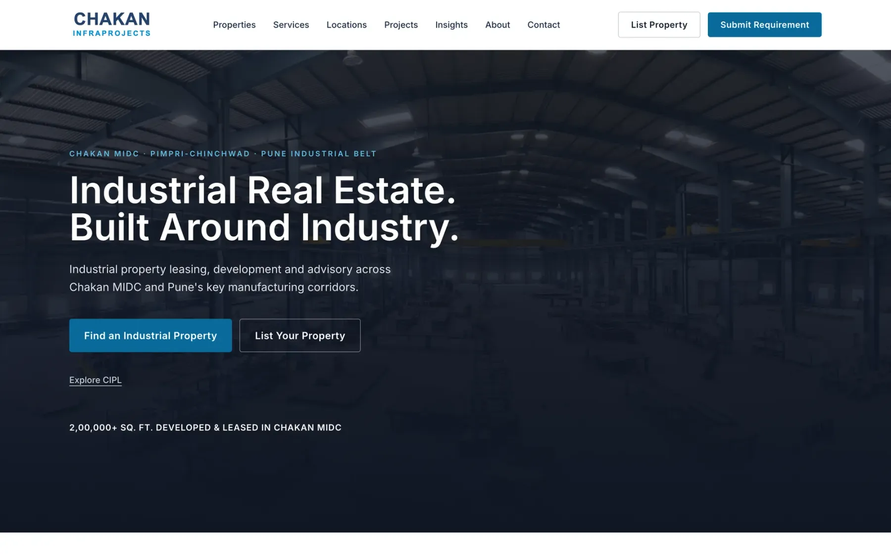 Chakan Infraprojects homepage, 'Industrial Real Estate. Built Around Industry.', over a factory interior photograph