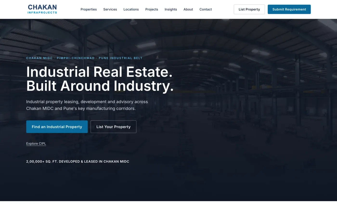 Chakan Infraprojects homepage hero, 'Industrial Real Estate. Built Around Industry.', over a factory interior photograph