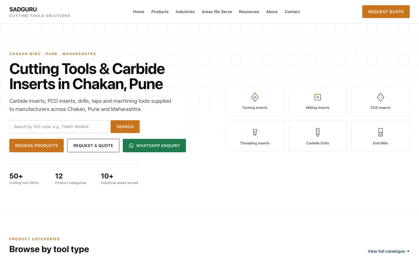 Sadguru Cutting Tools homepage, with an ISO-code search field reading 'Search by ISO code, e.g. TNMG 160404'