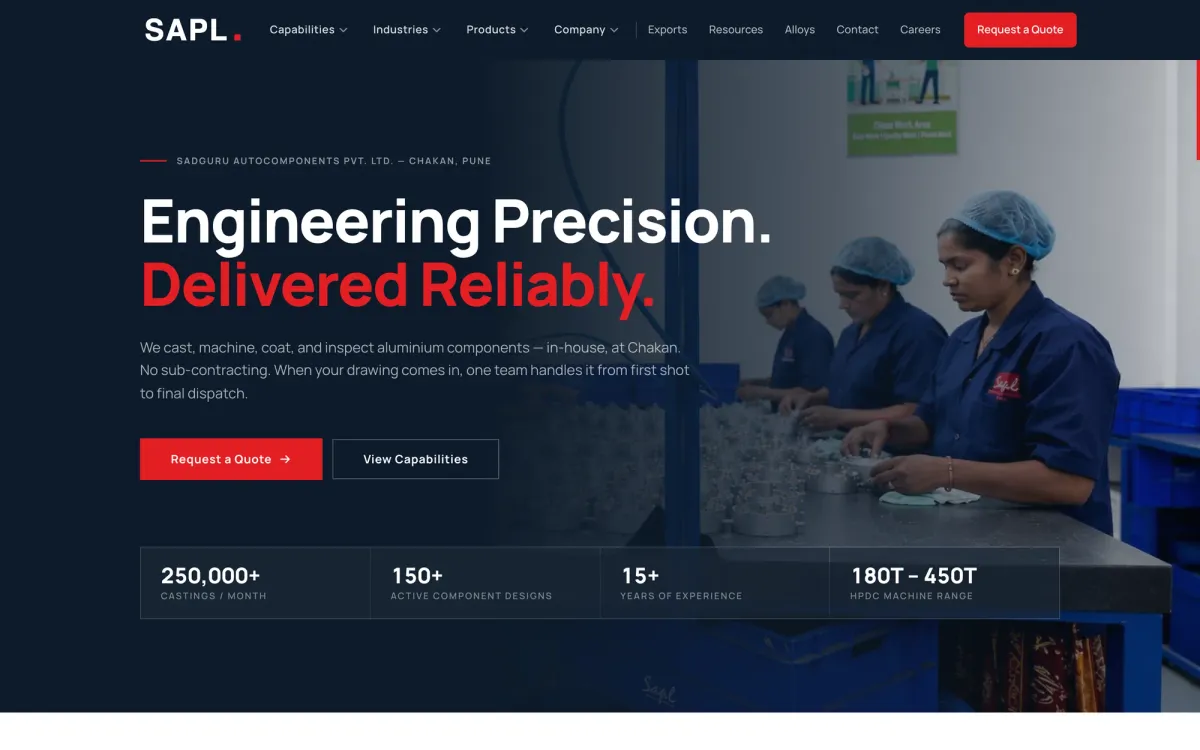 Sadguru Autocomponents homepage, with factory photography and capability statistics