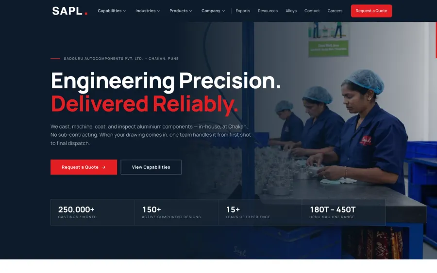 SAPL homepage hero on desktop, with factory photography and capability statistics
