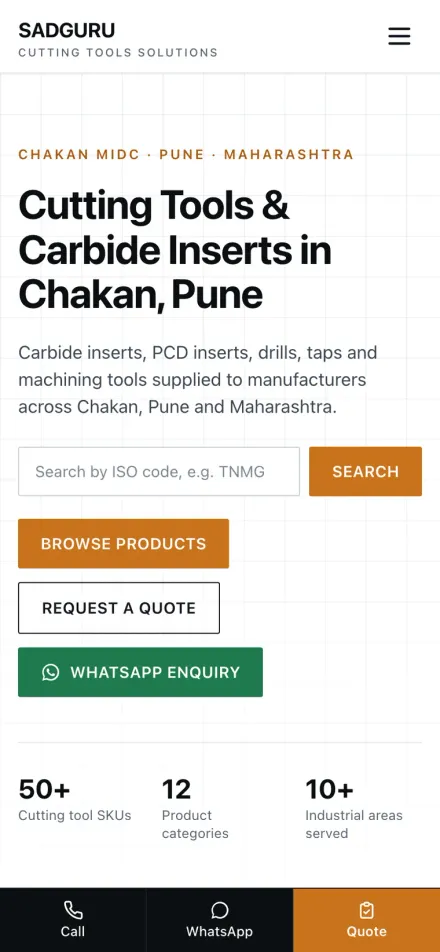 Homepage on mobile, with ISO-code search and quick-contact bar
