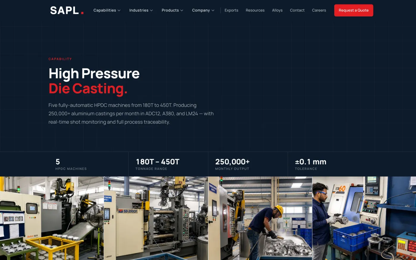 SAPL's High Pressure Die Casting capability page, with machine count, tonnage range, monthly output, tolerance and real factory floor photography