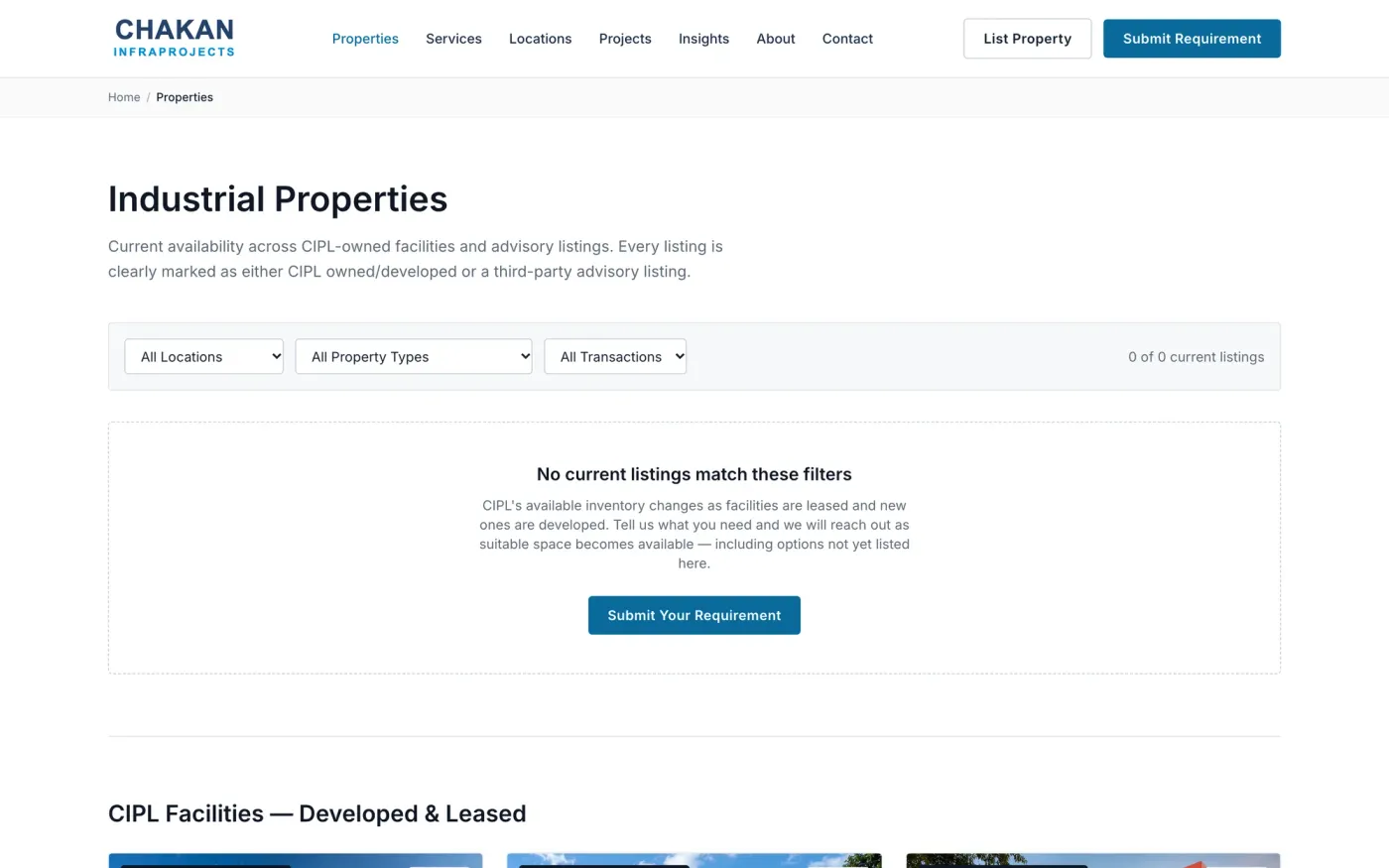Chakan Infraprojects property search page, with filters for location, property type and transaction type