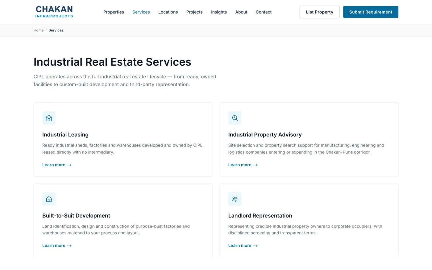Chakan Infraprojects services page, listing Industrial Leasing, Industrial Property Advisory, Built-to-Suit Development and Landlord Representation