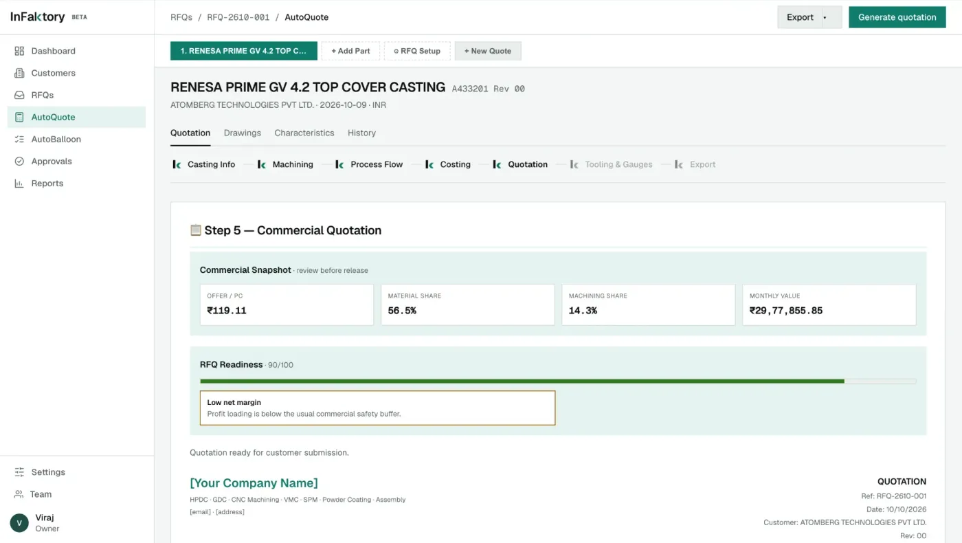 InFaktory's AutoQuote wizard stepper and a generated customer quotation document, showing company capability line, quotation reference and customer details